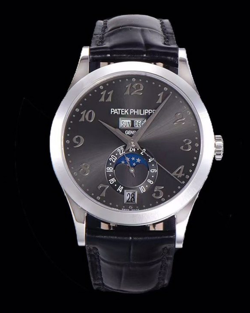 Patek Philippe Complications 5396 Grey Dial Steel Annual Calendar Moon Phase On Black Leather Strap