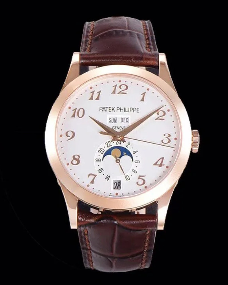 Patek Philippe Complications 5396 White Dial Rose Gold Annual Calendar Moon Phase On Brown Leather Strap