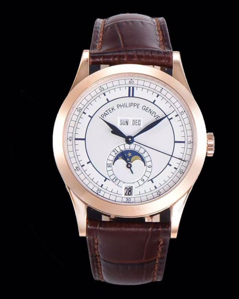 Patek Philippe Complications 5396 White Dial Rose Gold Annual Calendar Moon Phase On Brown Leather Strap