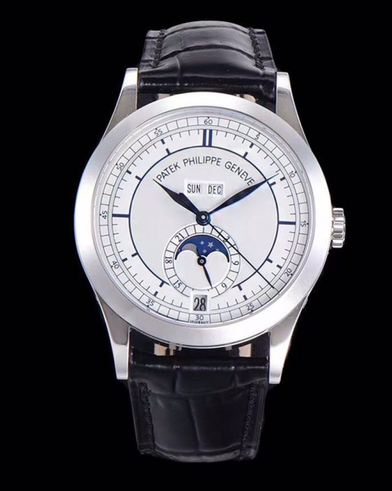 Patek Philippe Complications 5396 White Dial Steel Annual Calendar Moon Phase On Black Leather Strap