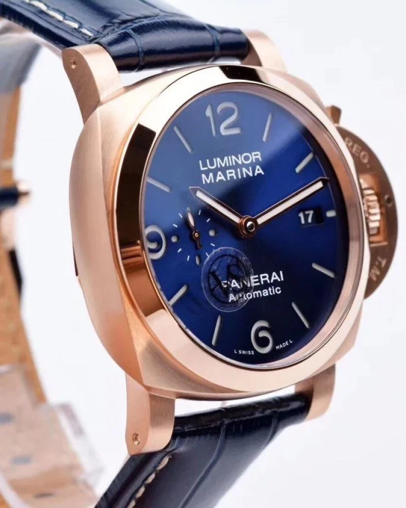 Panerai Luminor Marina Blue Dial Rose Gold Case On Blue Leather Strap