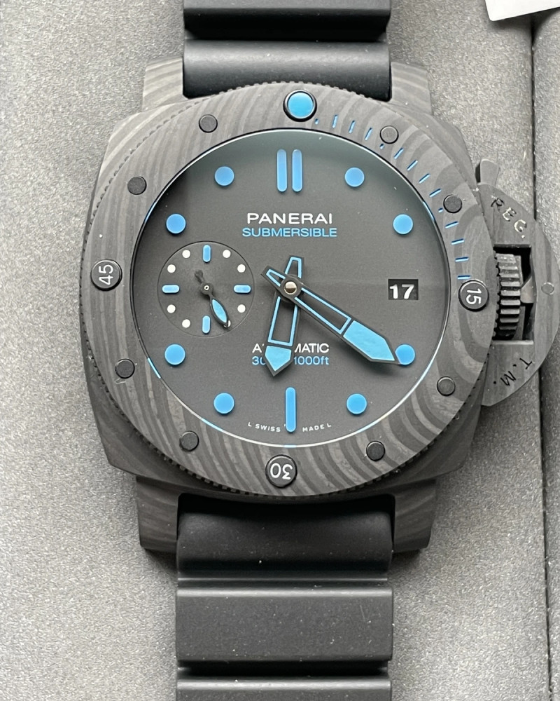 Panerai Submersible Carbotech Black Dial Blue Accents On Black Rubber Bracelet