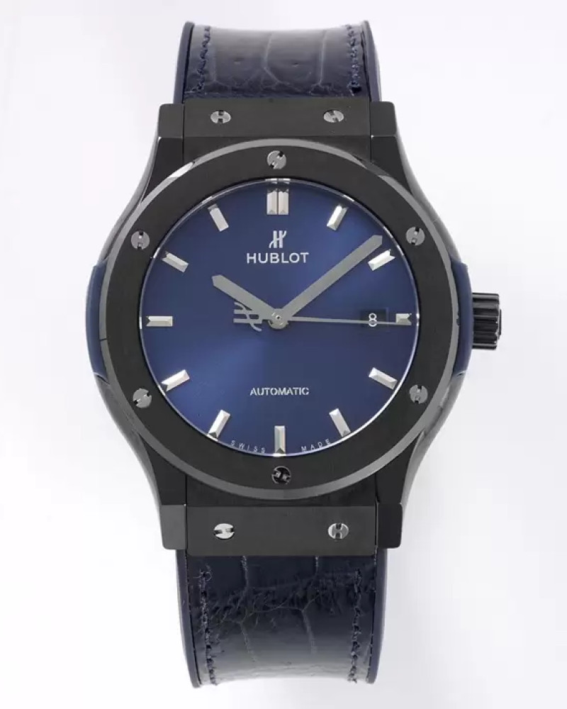 Hublot Classic Fusion Blue Dial Black Ceramic Bezel On Blue Leather Strap
