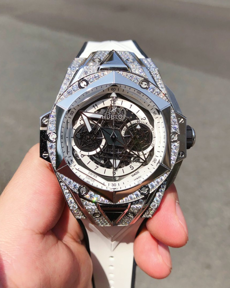 Hublot Big Bang Sang Bleu II Skeleton Dial Steel Diamond Case On White Rubber Strap