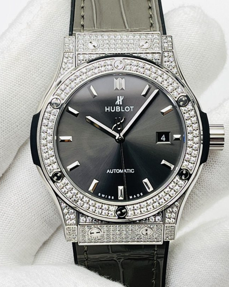 Hublot Classic Fusion Grey Dial Steel Full Diamond Case On Grey Leather Strap