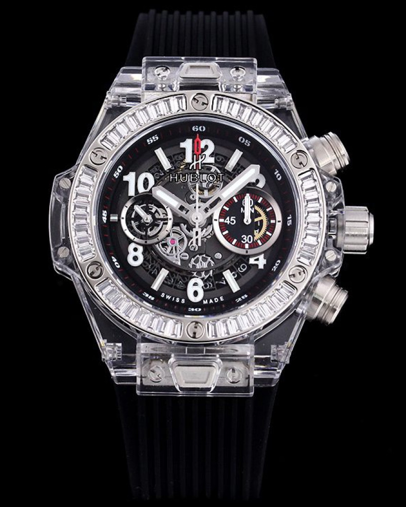 Hublot Big Bang Unico Sapphire Crystal Skeleton Dial Baguette Diamond Bezel On Black Rubber Strap