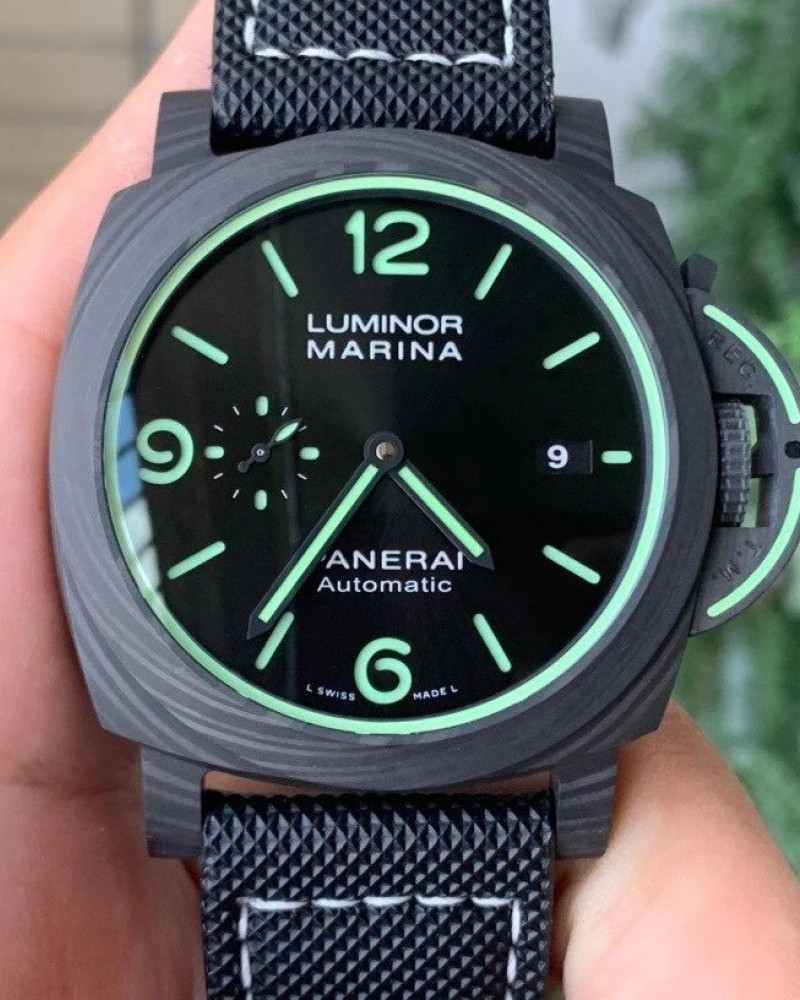 Panerai Luminor Marina Carbotech Black Dial Green Luminous On Black Fabric Strap