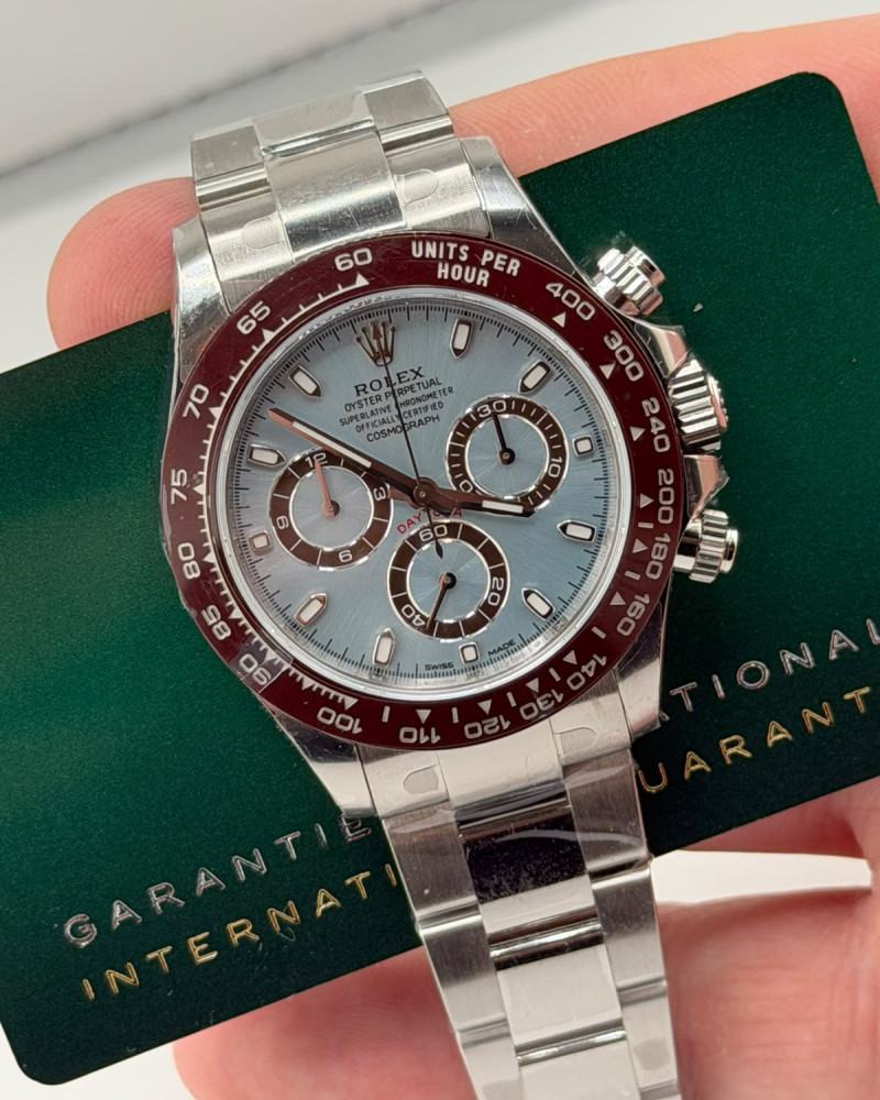 Rolex Daytona Ice Blue Dial Burgundy Ceramic Bezel On Steel Oyster Bracelet