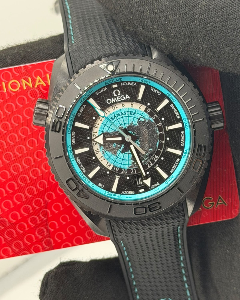 Omega Seamaster Planet Ocean "Deep Black" GMT World Timer Black Ceramic On Black Rubber Strap