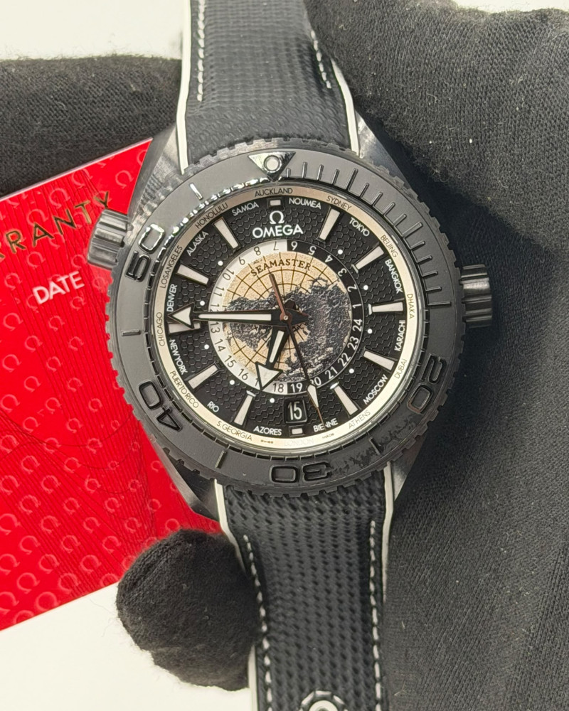 Omega Seamaster Planet Ocean "Deep Black" GMT World Timer Black Ceramic On Black Fabric Strap