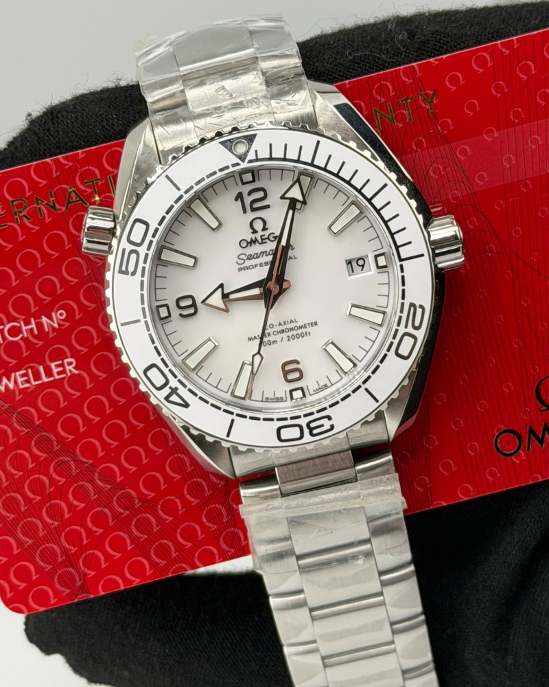 Omega Seamaster Planet Ocean White Dial White Ceramic Bezel On Steel Bracelet