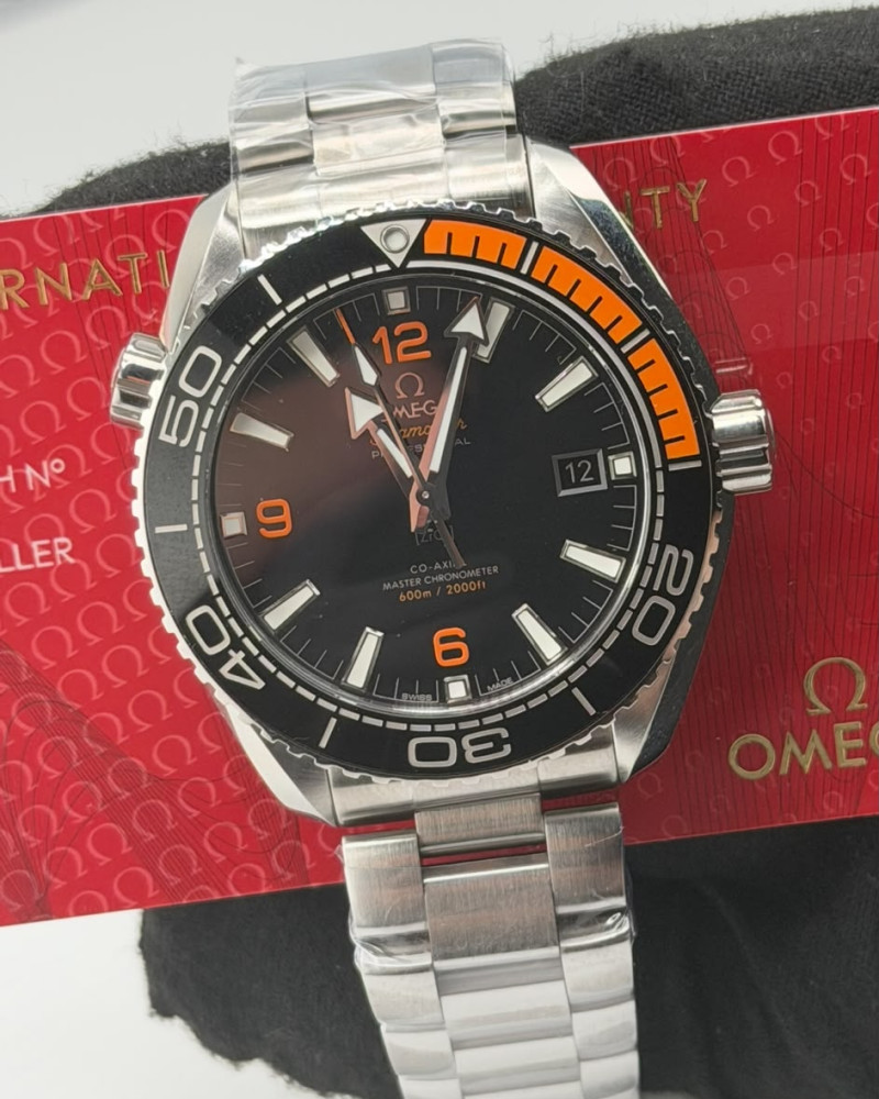 Omega Seamaster Planet Ocean Black Dial Black Orange Bezel On Steel Bracelet