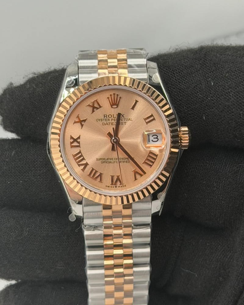 Rolex Oyster Perpetual Datejust Rose Dial Roman Numerals Two Tone Rose Gold Fluted Bezel On Jubilee Bracelet