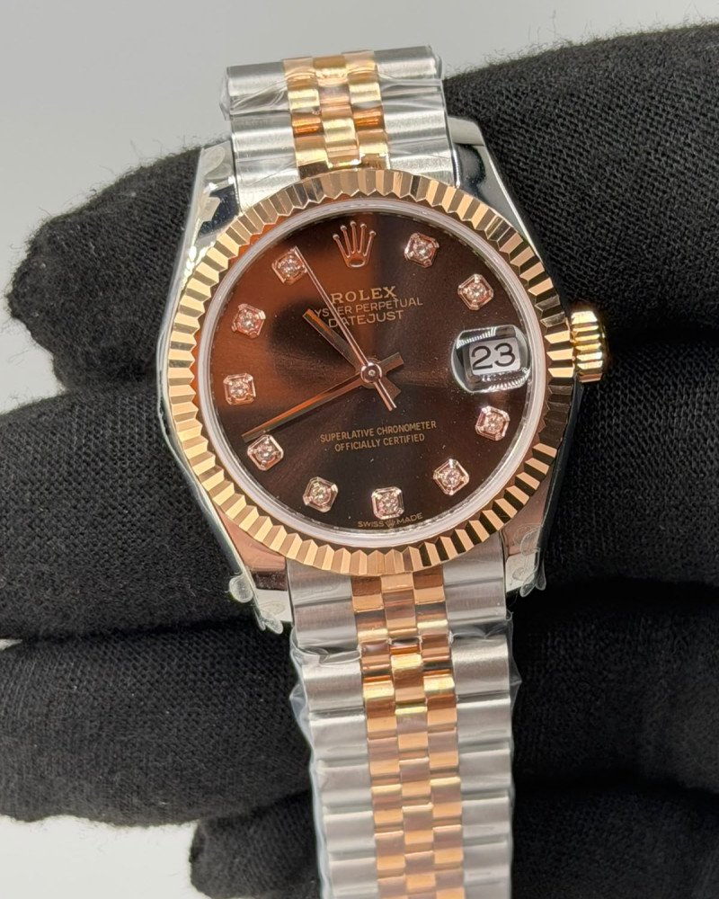 Rolex Oyster Perpetual Datejust Chocolate Dial Diamond Markers Two Tone Rose Gold Fluted Bezel On Jubilee Bracelet