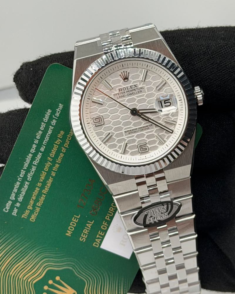 Rolex Oyster Perpetual Datejust Silver Honeycomb Motif Dial Steel Fluted Bezel On Jubilee Bracelet