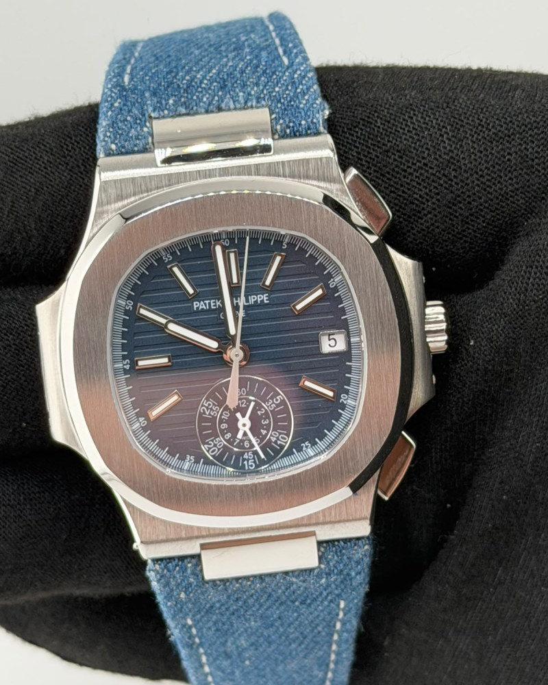 Patek Philippe Nautilus Chronograph Blue Dial Steel Case On Blue Denim Fabric Strap