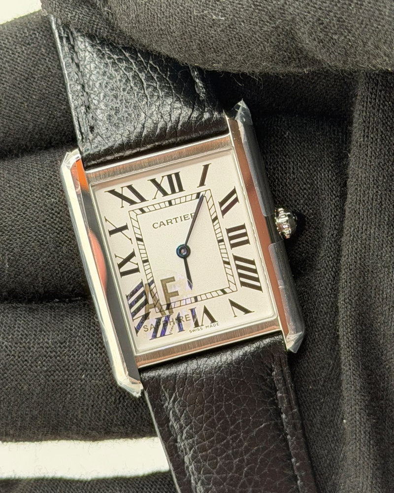Cartier Tank Solo White Dial Roman Numerals Steel Case On Black Leather Strap