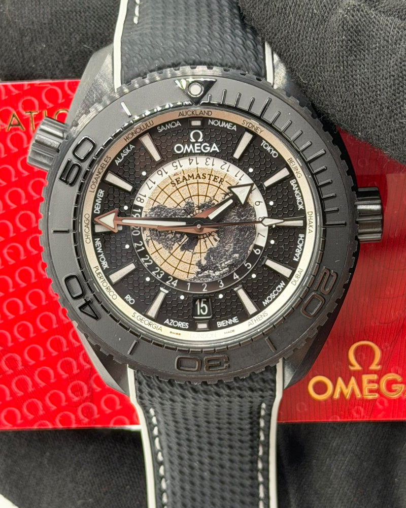 Omega Seamaster Planet Ocean Deep Black GMT World Timer Antarctic Map Dial On Black Rubber Strap