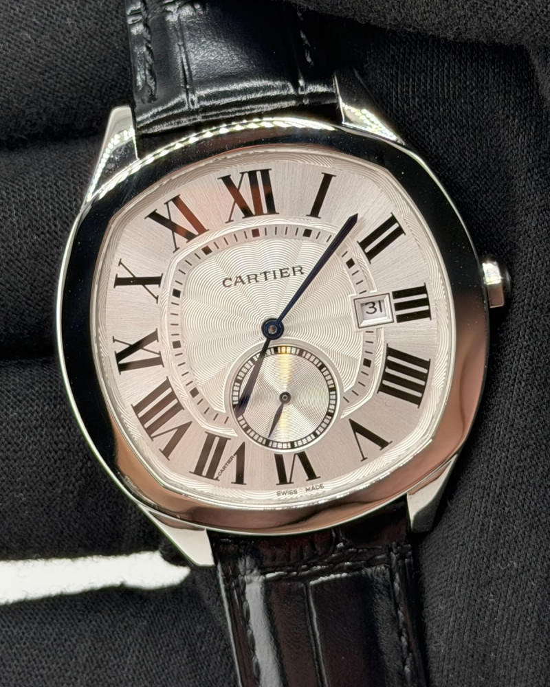 Cartier Drive de Cartier Silver Guilloché Dial Roman Numerals Steel Case On Black Leather Strap