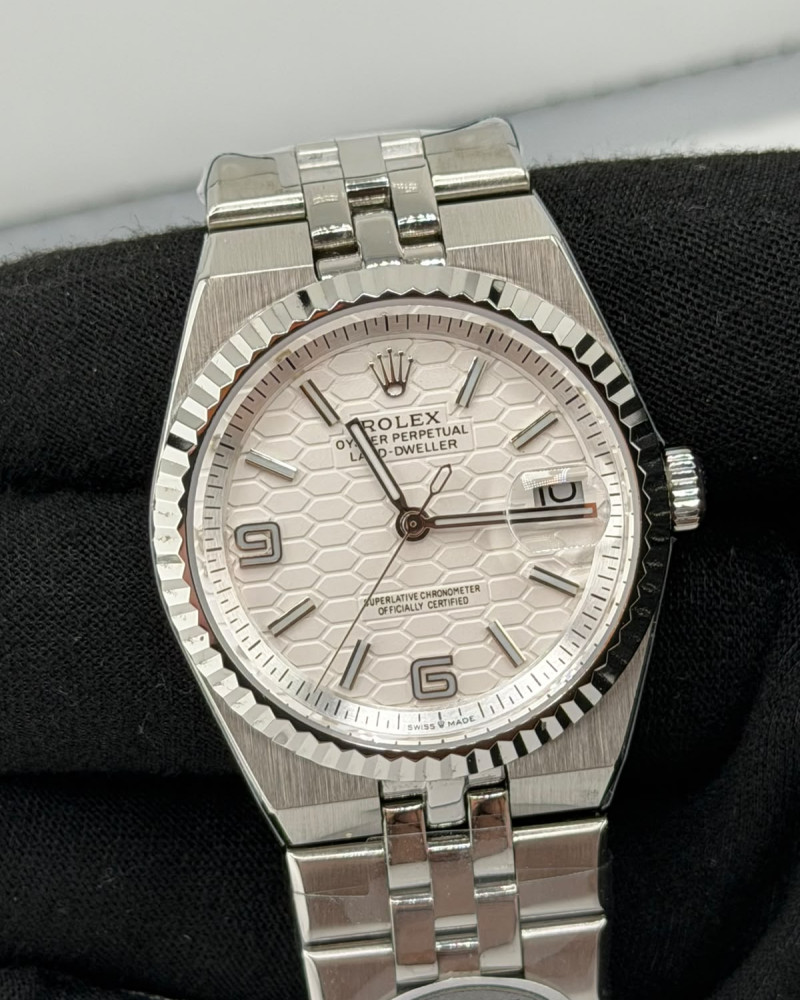 Rolex Oyster Perpetual Datejust Pink Honeycomb Motif Dial Steel Fluted Bezel On Jubilee Bracelet