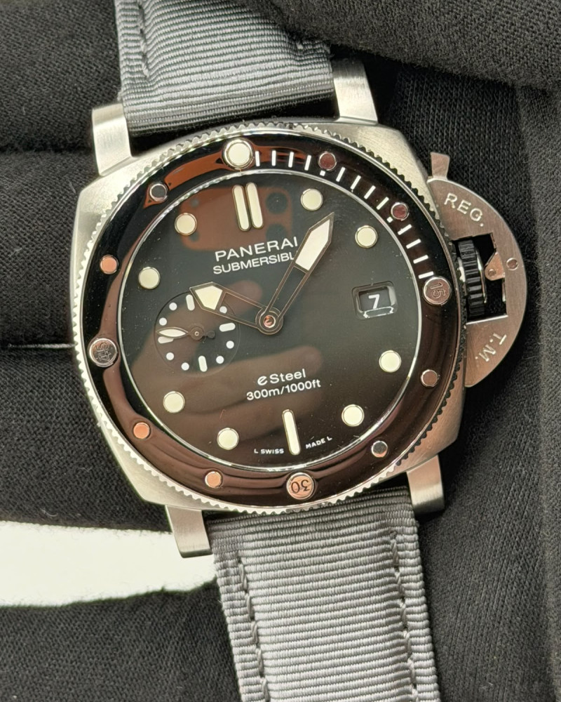 Panerai Submersible eSteel Brown Dial Brown Ceramic Bezel On Grey Fabric Strap