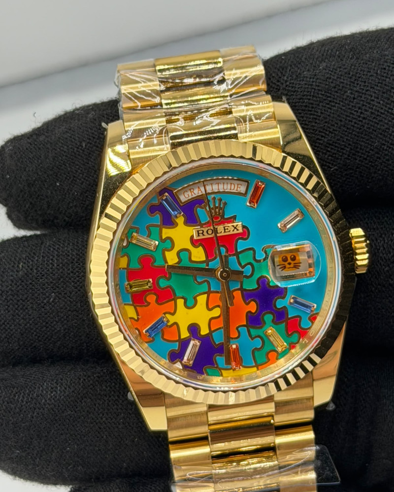 Rolex Day-Date Multicolour Puzzle Gratitude Enamel Dial Baguette Markers Yellow Gold On President Bracelet