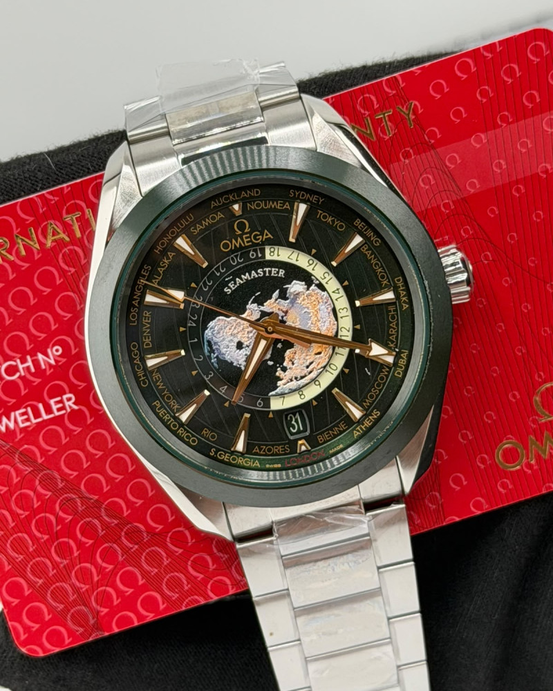 Omega Seamaster Aqua Terra GMT Worldtimer Black Dial Earth Map Motif Green Ceramic Bezel On Steel Bracelet