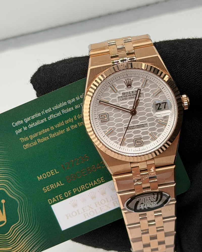 Rolex Oyster Perpetual Datejust Silver Honeycomb Motif Dial Rose Gold Fluted Bezel On Rose Gold Jubilee Bracelet