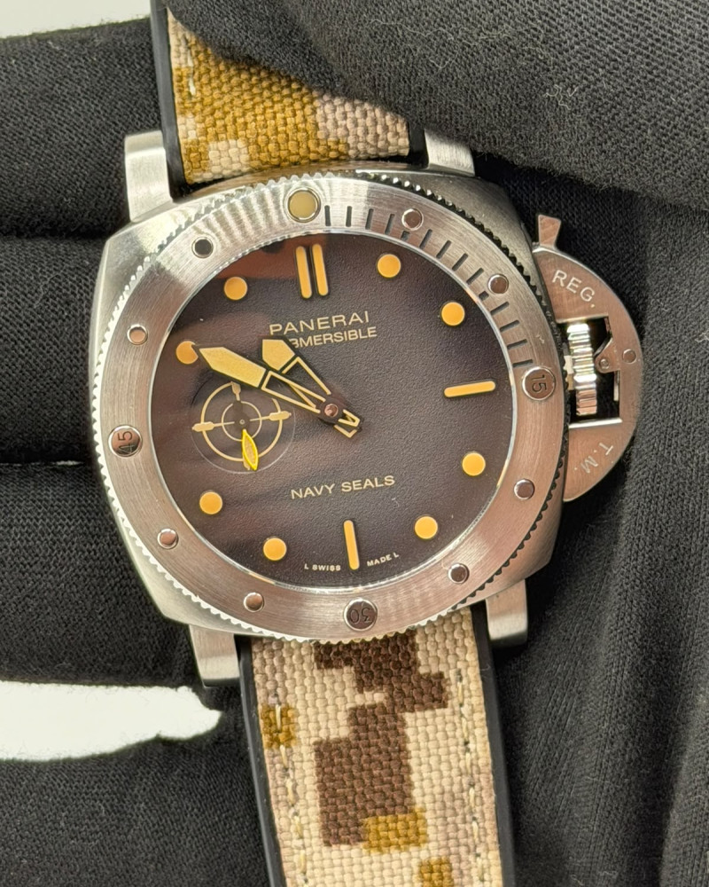 Panerai Submersible Navy SEALs Brown Dial Orange Markers Steel Case On Desert Camo Fabric Strap