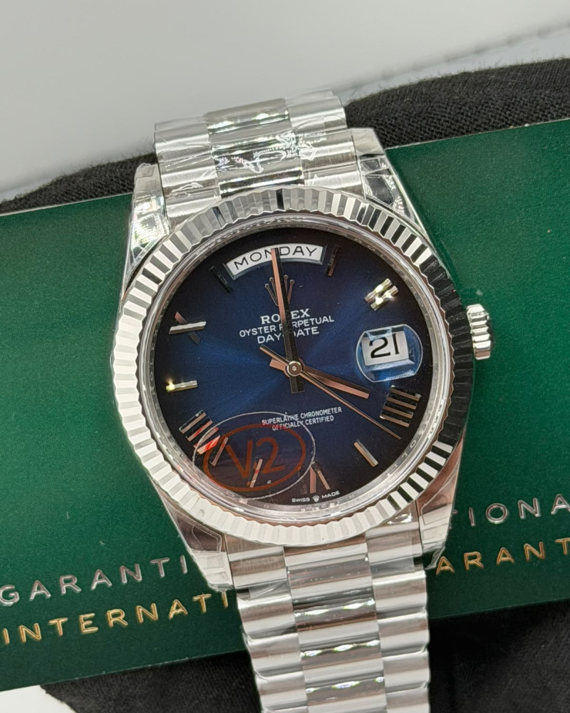 Rolex Oyster Perpetual Day-Date Blue Dial Roman Numerals White Gold Fluted Bezel On President Bracelet