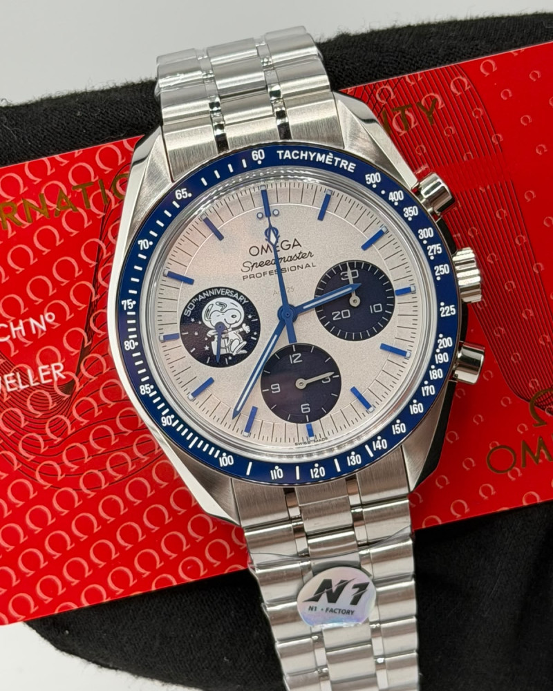 Omega Speedmaster Professional Moonwatch Snoopy 50th Anniversary Silver Dial Blue Bezel On Steel Bracelet