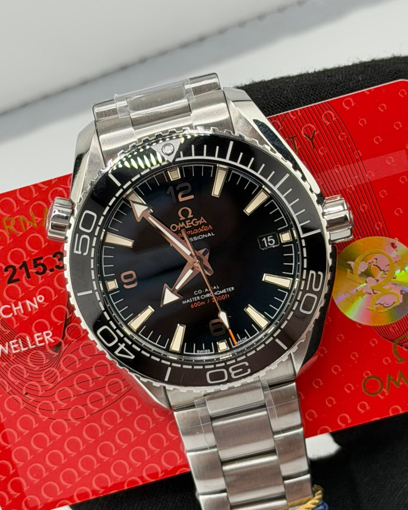 Omega Seamaster Planet Ocean Black Dial Black Ceramic Bezel Rose Gold Hands On Steel Bracelet