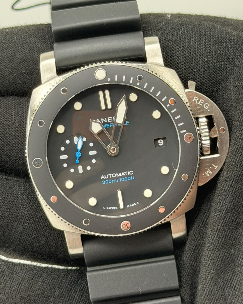 Panerai Submersible Black Dial Black Ceramic Bezel Blue Seconds On Black Rubber Strap