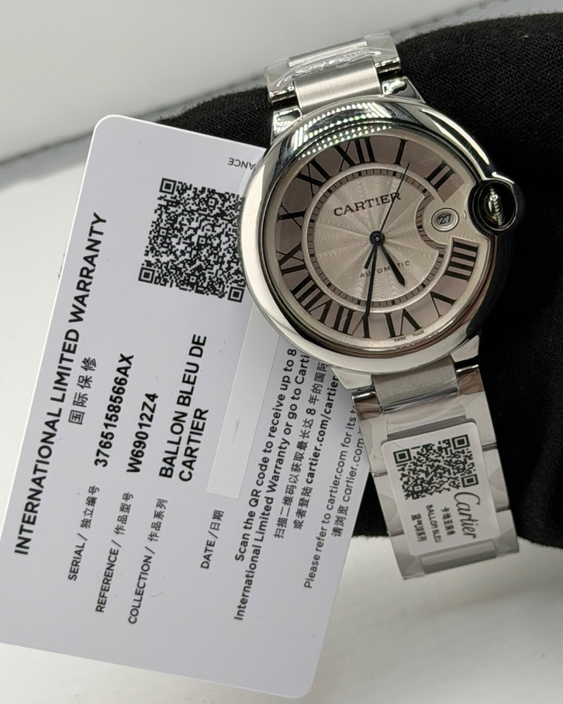 Cartier Ballon Bleu Silver Guilloché Dial Roman Numerals Steel Case On Steel Bracelet