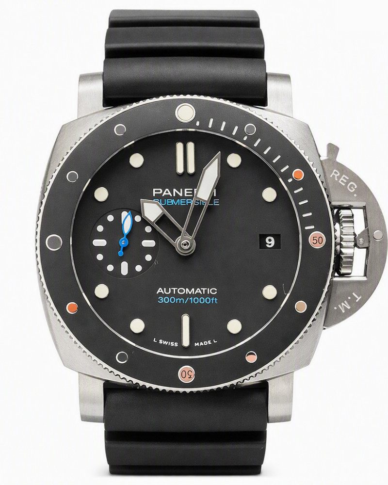 Panerai Submersible Black Dial Black Ceramic Bezel Blue Seconds On Black Rubber Strap