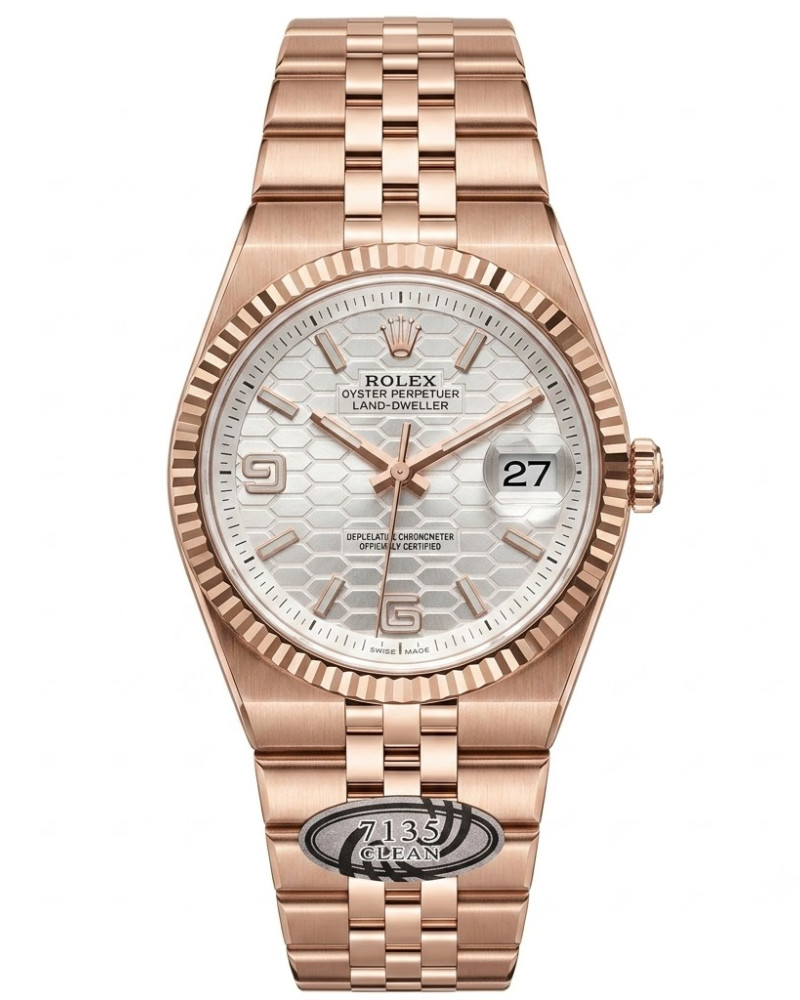 Rolex Oyster Perpetual Datejust Silver Honeycomb Motif Dial Rose Gold Fluted Bezel On Rose Gold Jubilee Bracelet
