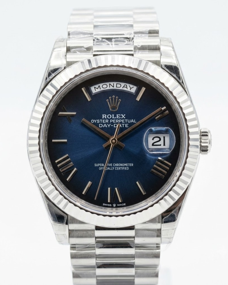Rolex Oyster Perpetual Day-Date Blue Dial Roman Numerals White Gold Fluted Bezel On President Bracelet
