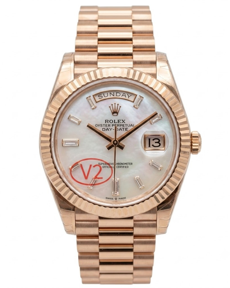 Rolex Oyster Perpetual Day-Date White Dial Baguette Diamond Markers Rose Gold Fluted Bezel On President Bracelet