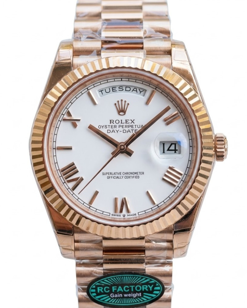 Rolex Oyster Perpetual Day-Date White Dial Roman Numerals Rose Gold Fluted Bezel On President Bracelet