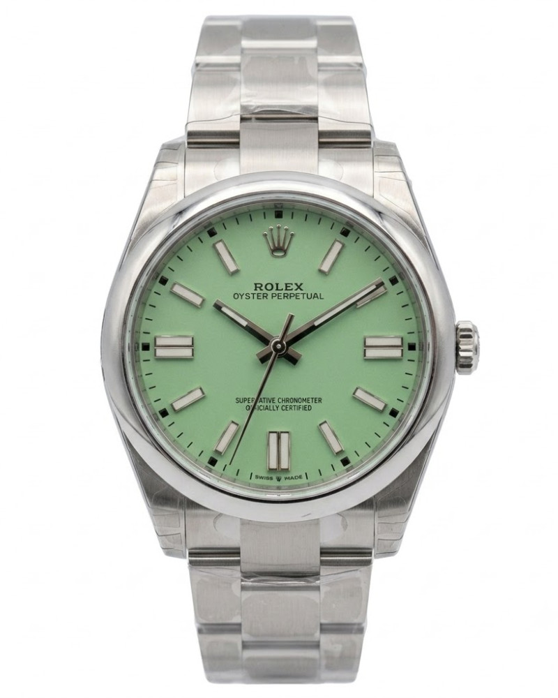 Rolex Oyster Perpetual Mint Green Dial Steel Smooth Bezel On Oyster Bracelet