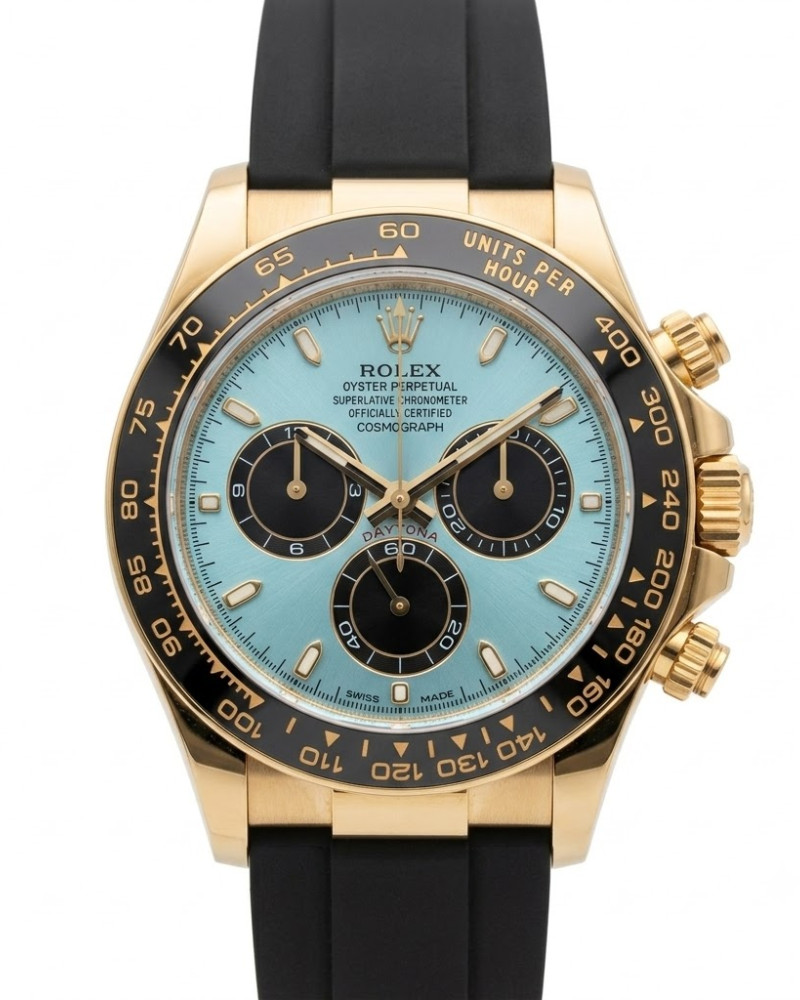 Rolex Oyster Perpetual Cosmograph Daytona Tiffany Blue Dial Black Subdials Yellow Gold Black Ceramic Bezel On Black Rubber Strap