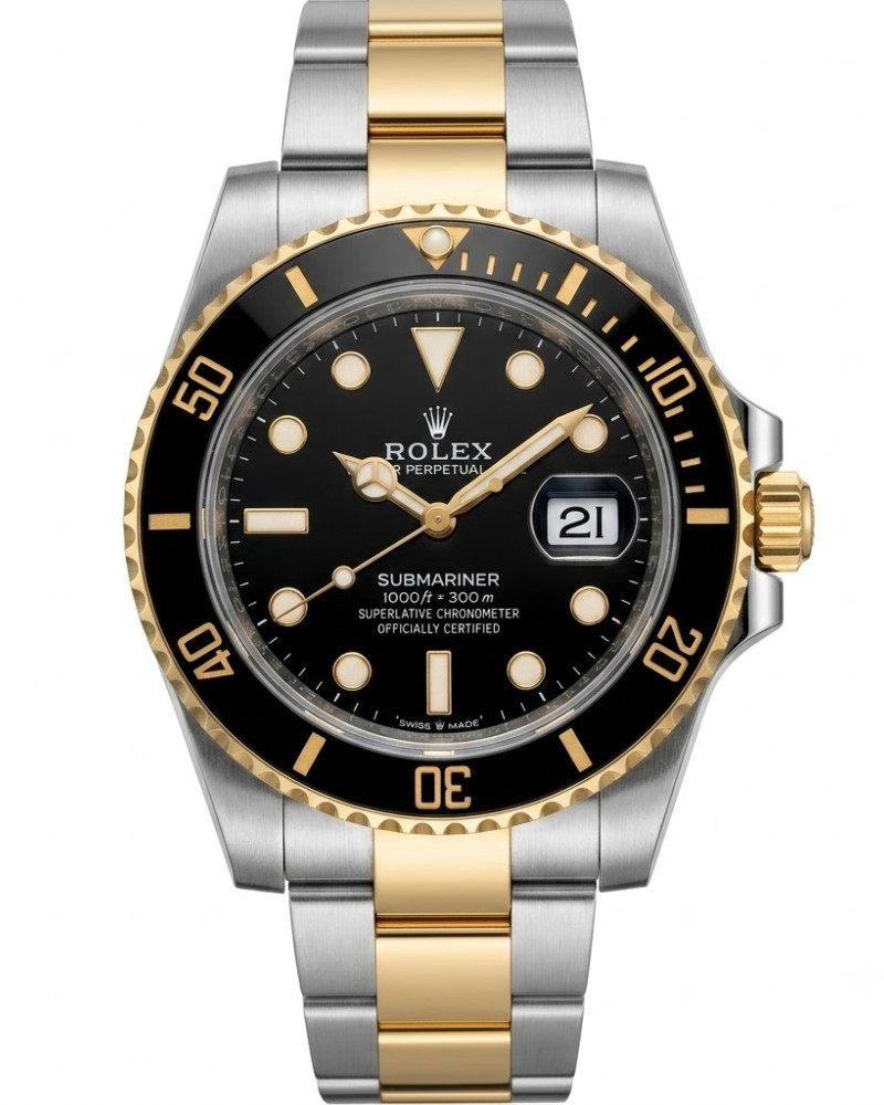 Rolex Oyster Perpetual Date Submariner Black Dial Black Ceramic Bezel Two Tone On Oyster Bracelet