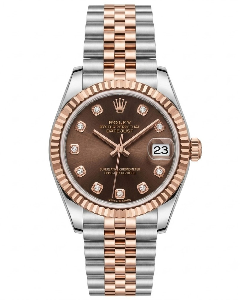 Rolex Oyster Perpetual Datejust Chocolate Dial Diamond Markers Two Tone Rose Gold Fluted Bezel On Jubilee Bracelet
