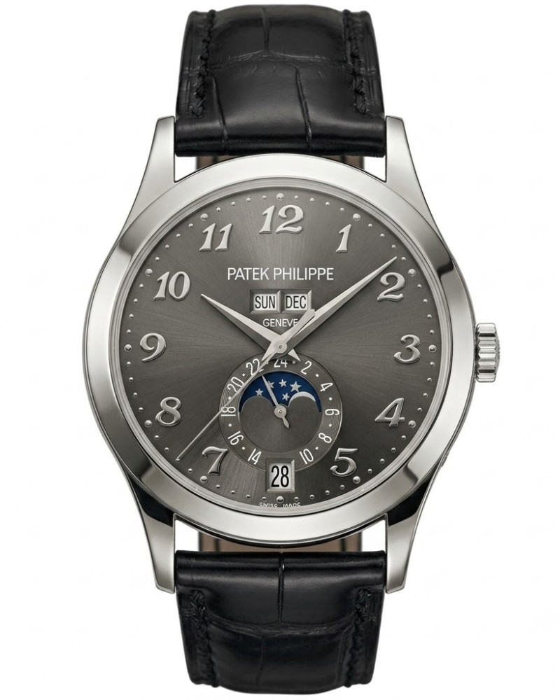 Patek Philippe Complications 5396 Grey Dial Steel Annual Calendar Moon Phase On Black Leather Strap