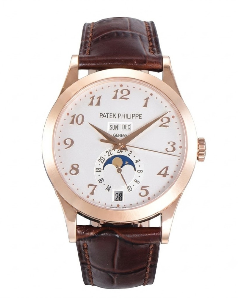 Patek Philippe Complications 5396 White Dial Rose Gold Annual Calendar Moon Phase On Brown Leather Strap