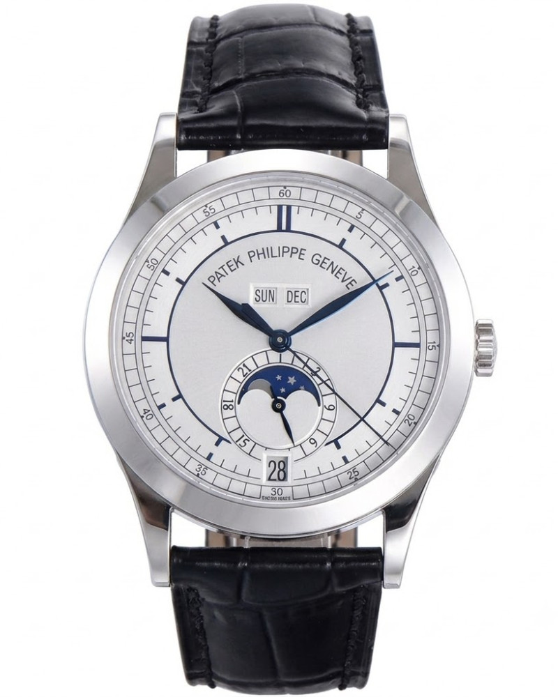 Patek Philippe Complications 5396 White Dial Steel Annual Calendar Moon Phase On Black Leather Strap