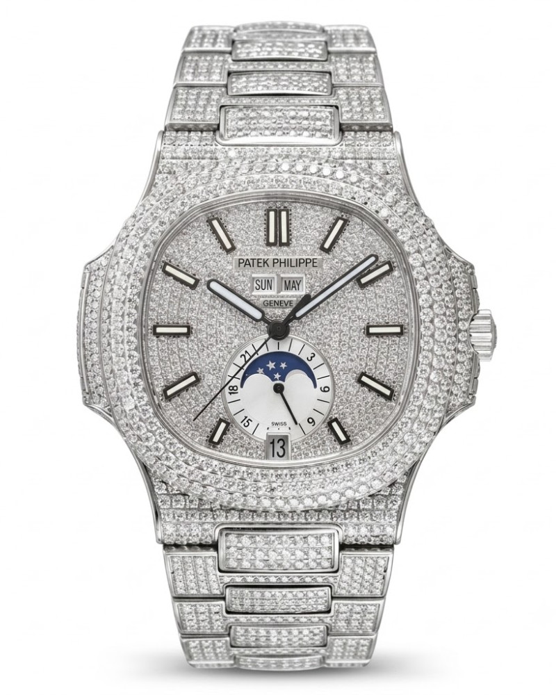 Patek Philippe Nautilus 5726 Full Iced-Out Diamond Dial Annual Calendar Moon Phase On Diamond Bracelet
