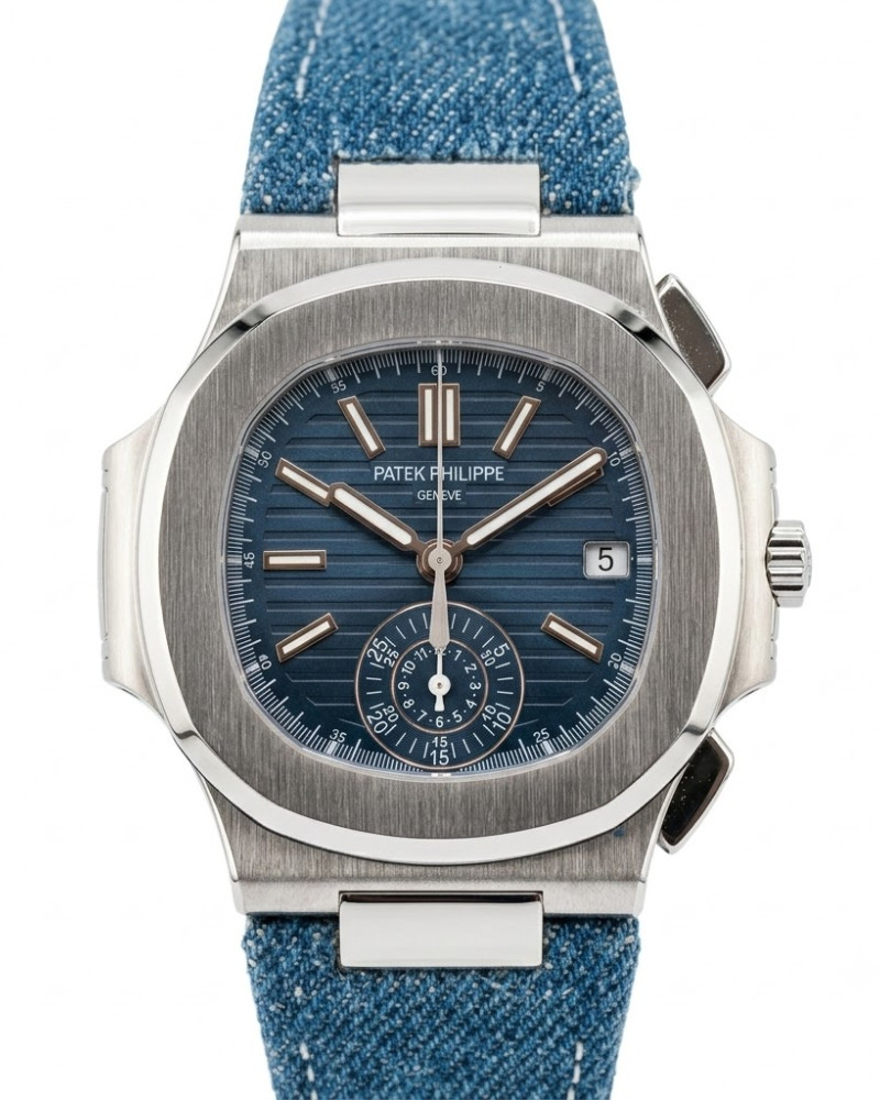 Patek Philippe Nautilus Chronograph Blue Dial Steel Case On Blue Denim Fabric Strap
