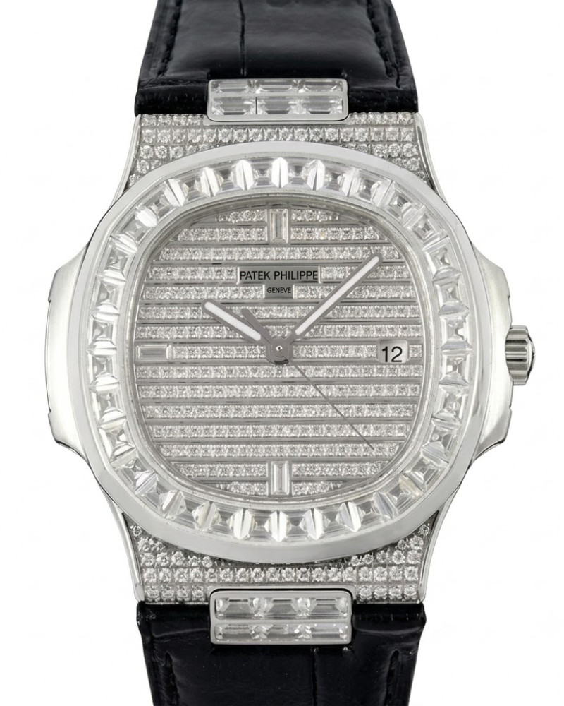 Patek Philippe Nautilus Full Diamond-Paved Dial Baguette Diamond Bezel On Black Leather Strap