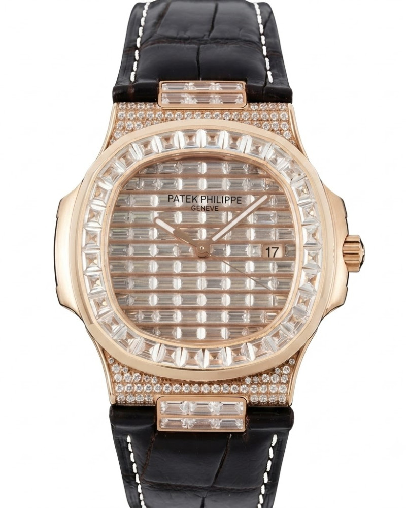 Patek Philippe Nautilus Full Diamond-Paved Dial Baguette Diamond Bezel Rose Gold On Black Leather Strap